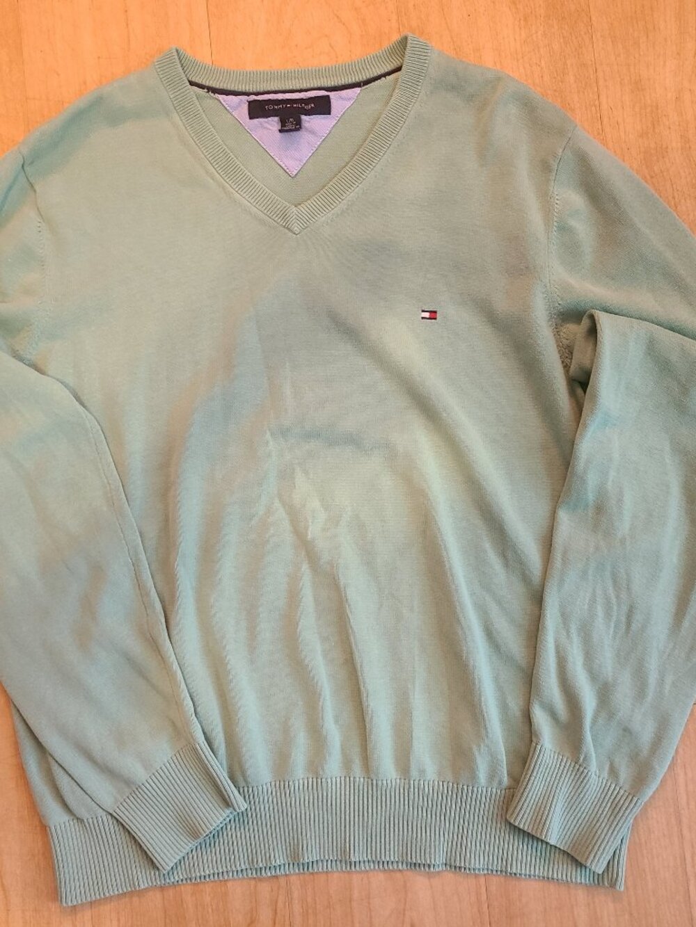 Tommy Hilfiger Mens Sweater Size Large V-Neck Mint Light Green Embroidered Logo